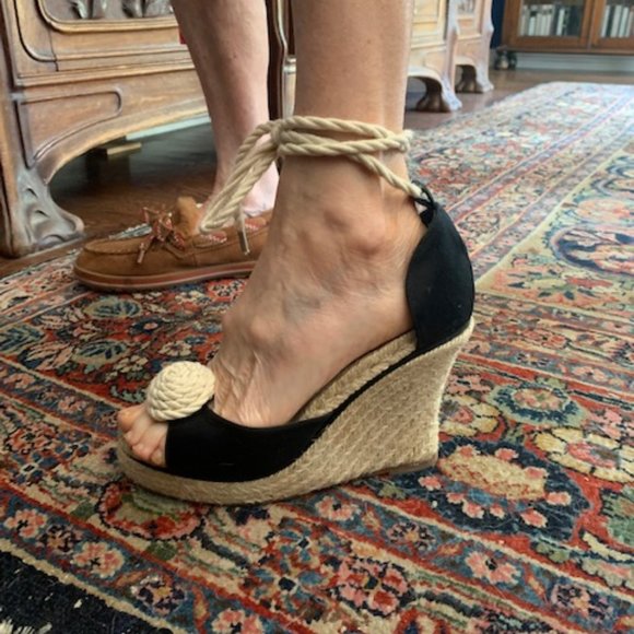 Kate Spade Black Satin Espadrilles Wedge Rope Lace Up Size 7 - Picture 3 of 9